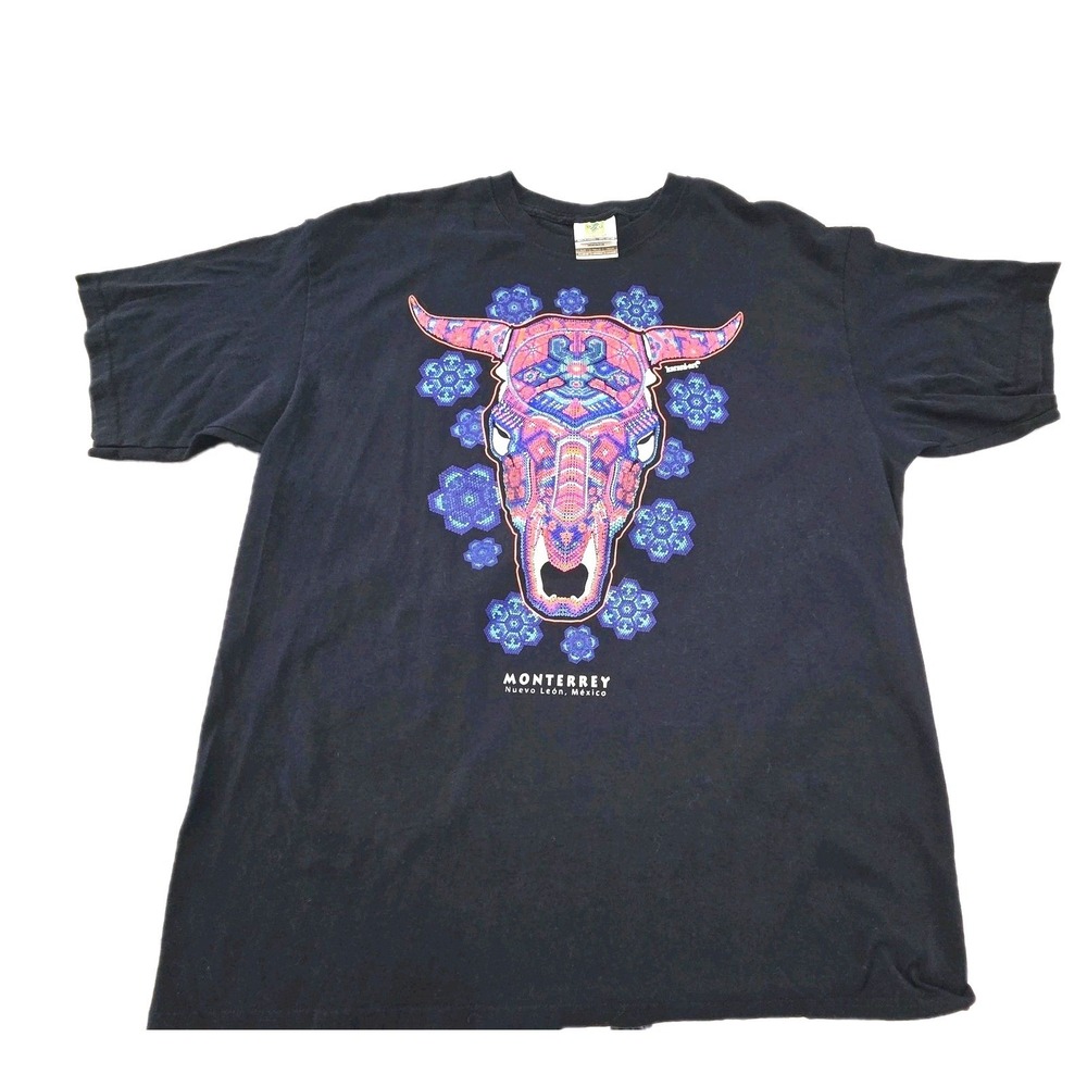 Monterrey Mexico Shirt‎ Mens XL Navy Huichol Bull Skull Graphic Karani-art Tee